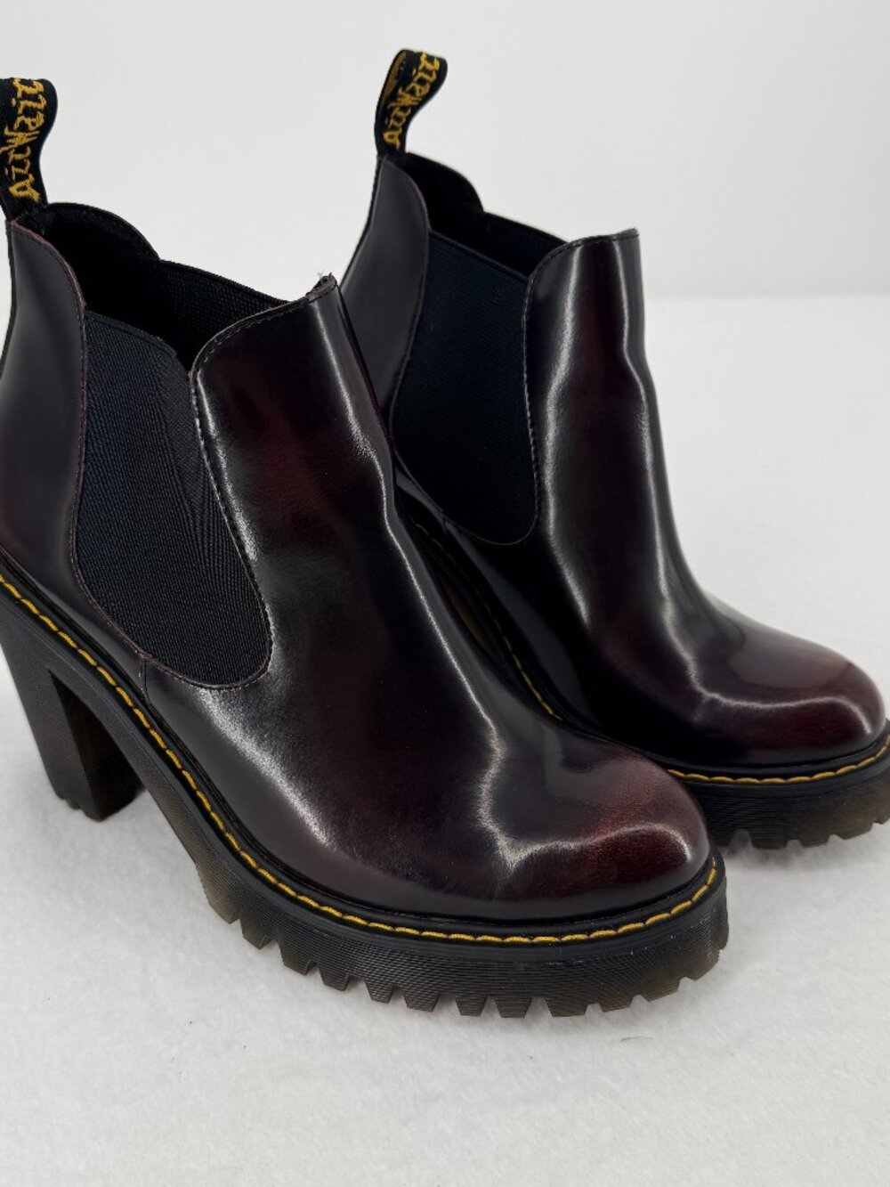 Dr. Martens Hurston Cherry Red Platform Block Heel Chelsea Boots 9
